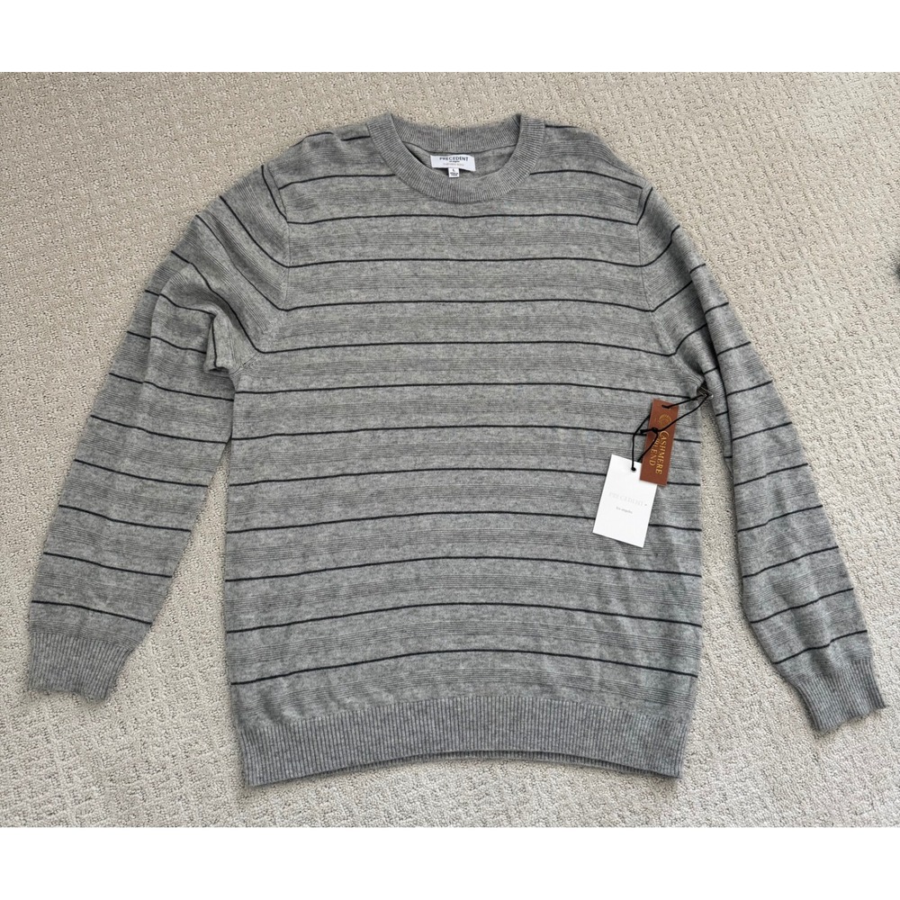 PRECEDENT‎ Los Angeles Mens Grey Black Stripe Crew Neck Cashmere Blend Sweater L